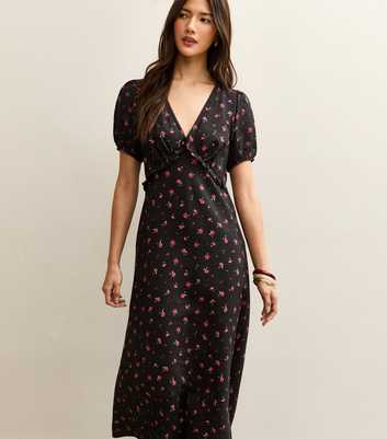 Black Floral Print V-Neck Midi Dress