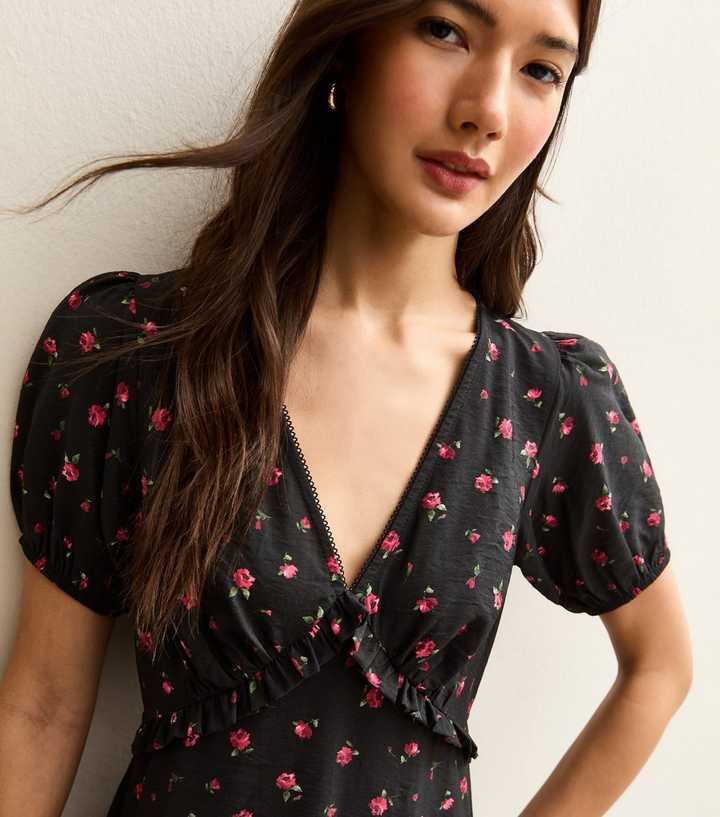 Black Floral Print V-Neck Midi Dress | New Look