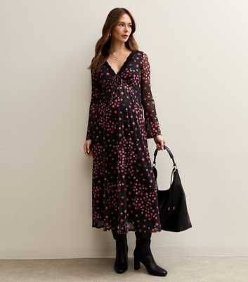 Maternity Black Rose Long Sleeve Lace Mesh Midi Dress