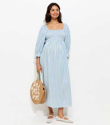 Maternity Blue Striped Shirred Midi Dress