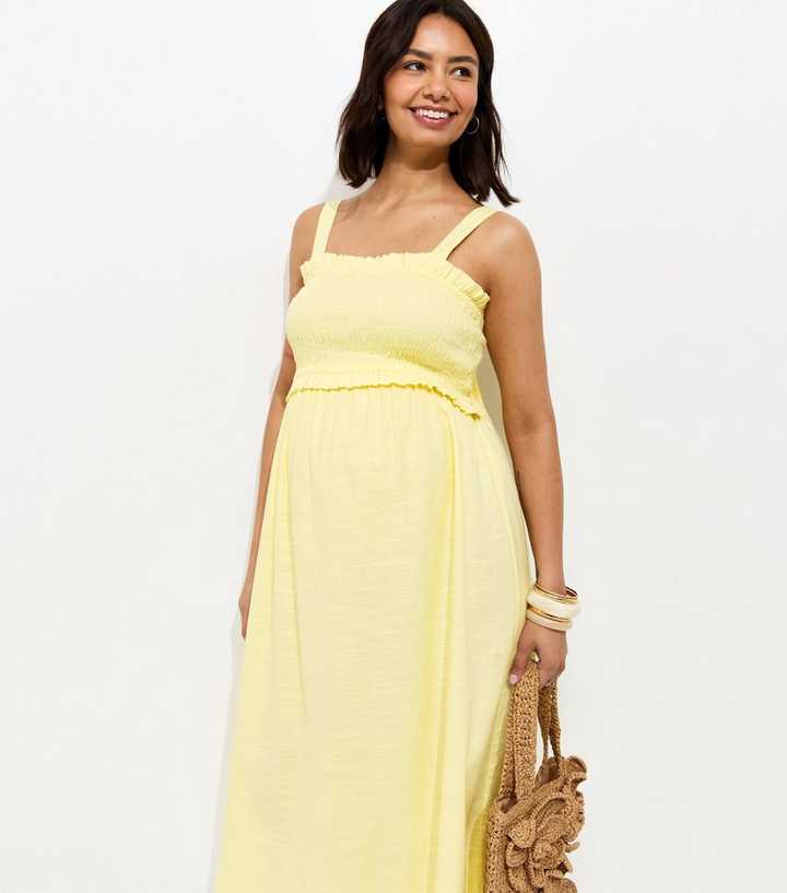 Maternity Yellow Shirred Strappy Bow Back Midi Dress