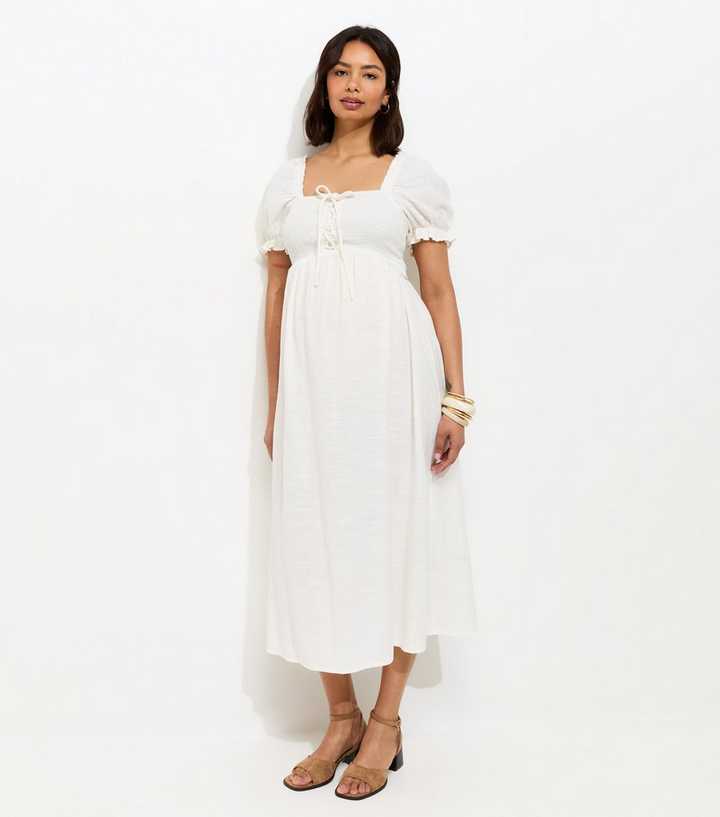 Maternity White Tie Front Shirred Midi Dress