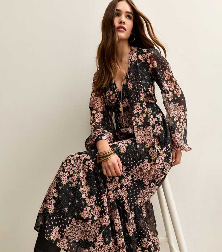 Black Floral Print Tie Neck Chiffon Midi Dress