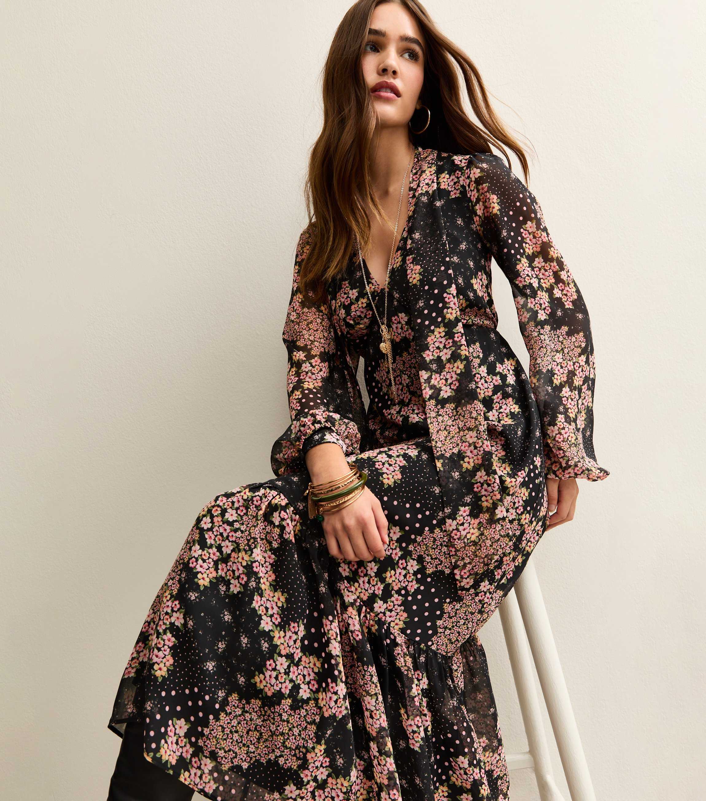 Black Floral Print Tie Neck Chiffon Midi Dress New Look Black Floral Print Tie Neck Chiffon Midi Dress New Look