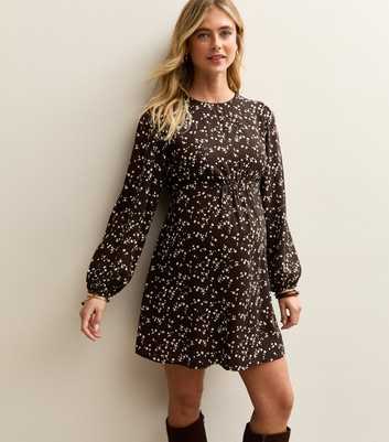 Maternity Dark Brown Ditsy Long Sleeve Flutter Mini Dress