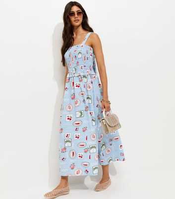 Blue Patchwork Print Shirred Bodice Midi Dress