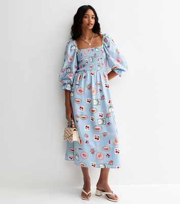Blue Chilly and Cherry Print Shirred Midi Dress