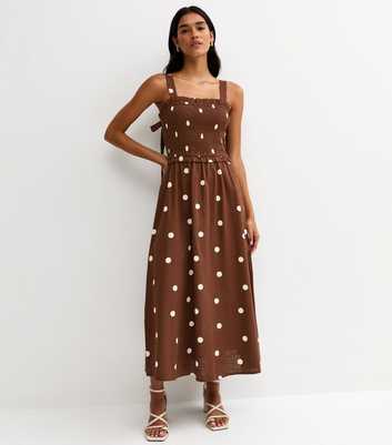 Brown Spot Print Shirred Bow Back Strappy Midi Dress