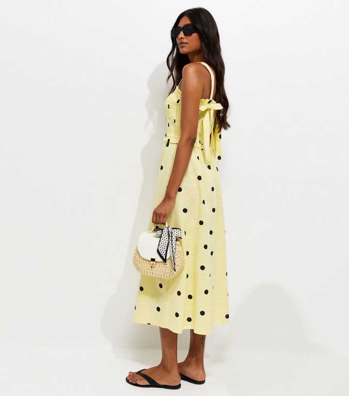 Yellow Spot Print Shirred Bow Back Strappy Midi Dress
