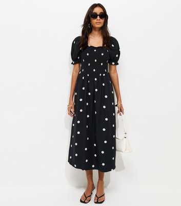 Black Polka Dot Shirred Midi Dress