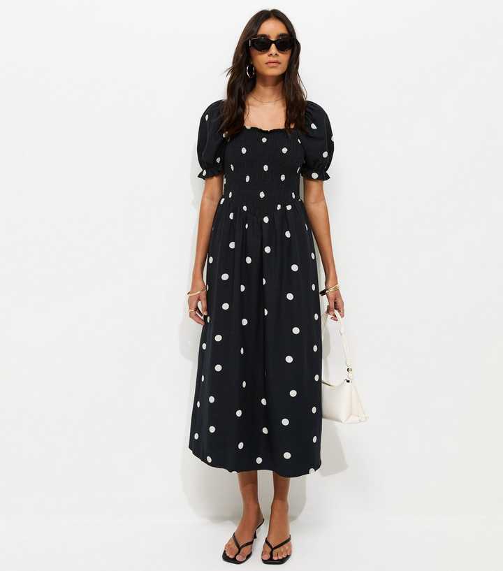 Black Polka Dot Shirred Midi Dress