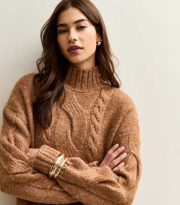 Tan Cable Knit Stand Neck Jumper