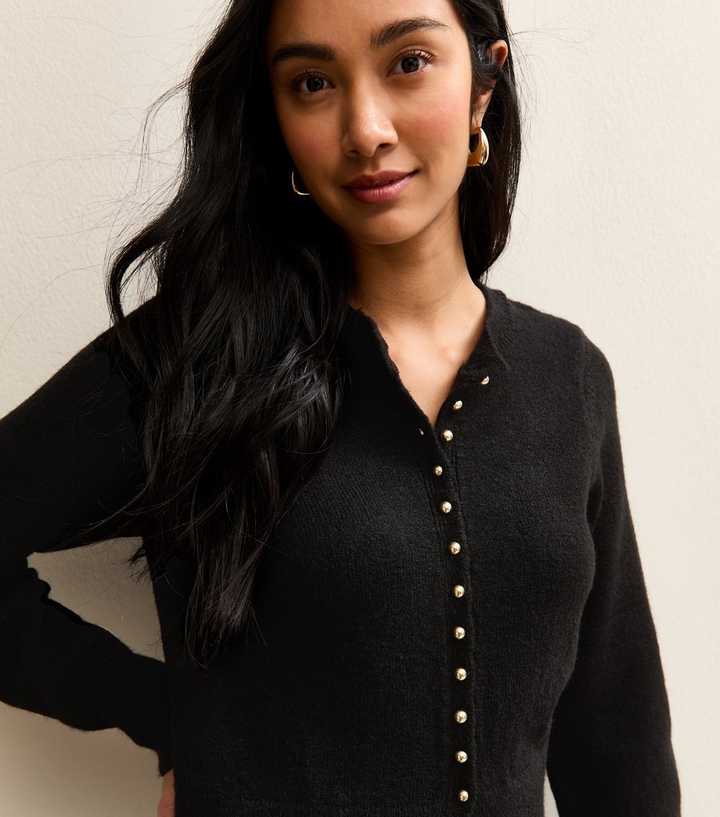 Black Dome Button Crew Neck Cardigan
