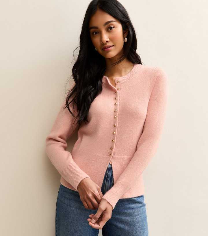Pink Dome Button Crew Neck Cardigan