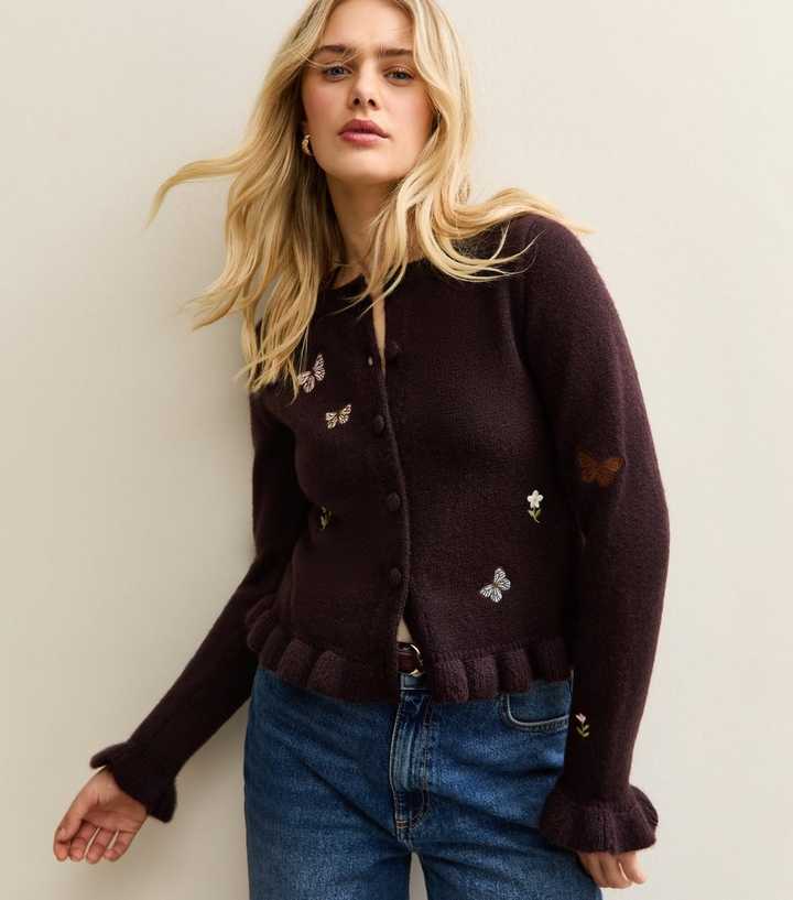 Light Purple Embroidered Butterfly Frill Hem Cardigan
