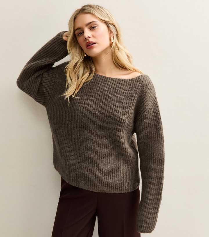 Mink Ribbed Slash Neck Jumper