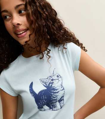 Girls Light Blue Cat Logo Cap Sleeve Top