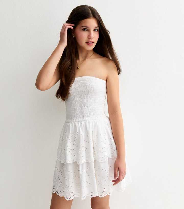Girls White Shirred Broderie Anglaise Rara Dress Girls White Shirred Broderie Anglaise Rara Dress