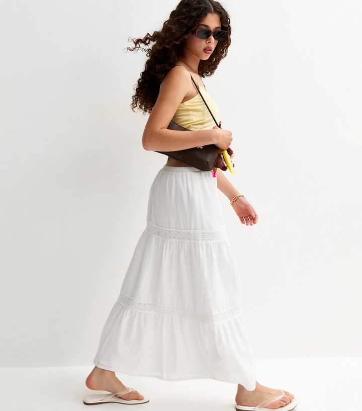 Girls White Lace Insert Maxi Skirt