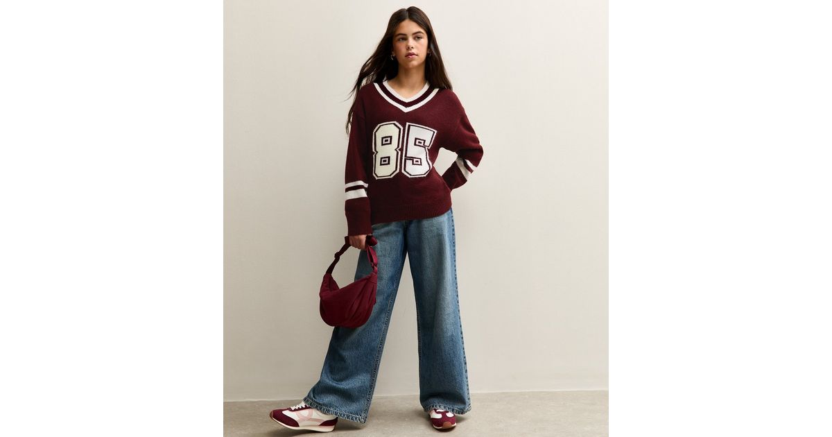 Girls Burgundy 85 V-Neck Contrast Trim Jumper | New Look