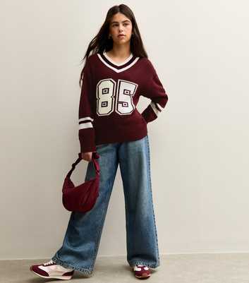 Girls Burgundy 85 V-Neck Contrast Trim Jumper