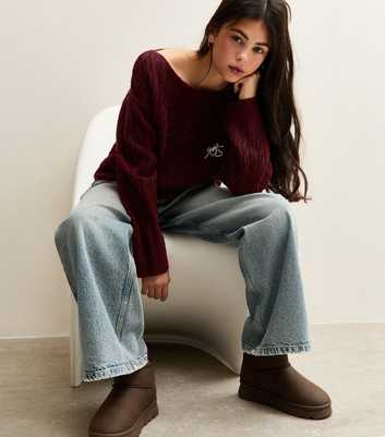 Girls Burgundy Locket Embroidered Slash Neck Jumper