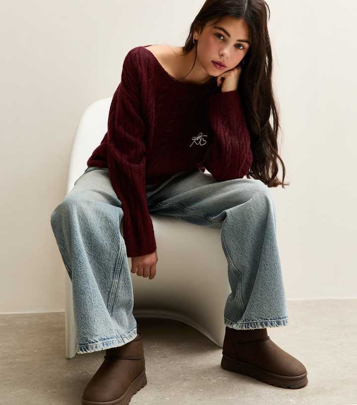 Girls Burgundy Locket Embroidered Slash Neck Jumper