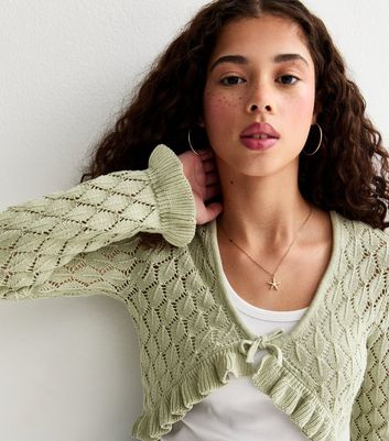 Girls Light Khaki Ruffled Crochet Cardigan