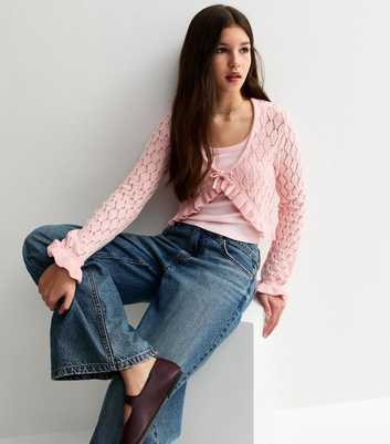 Girls Light Pink Ruffled Crochet Cardigan
