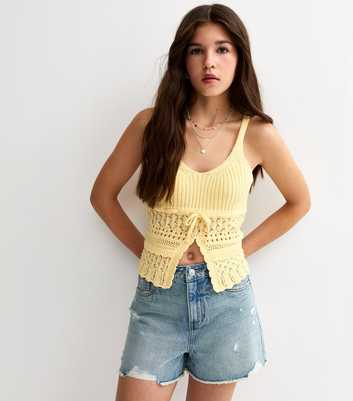 Girls Light Yellow Tie Front Knit Cami Top
