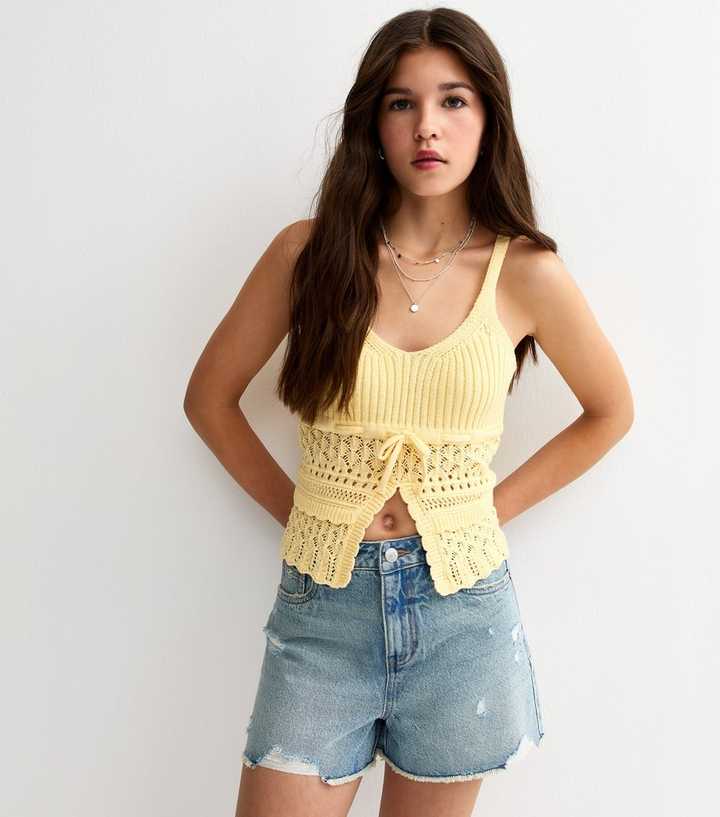 Girls Light Yellow Tie Front Knit Cami Top