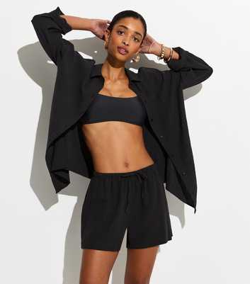 Black Crinkled Drawstring Beach Shorts