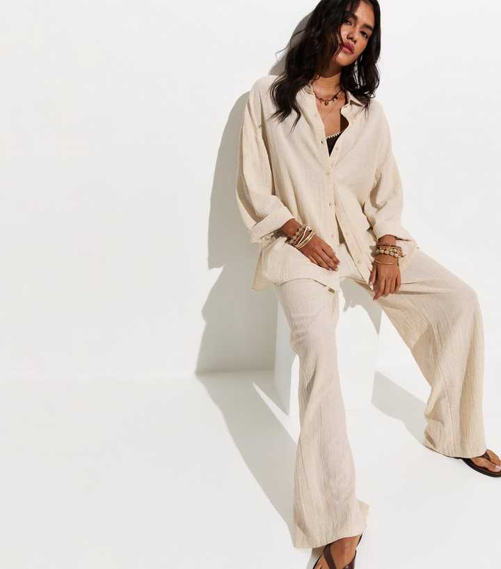 Off White Crinkled Wide Leg Beach Trousers