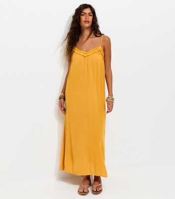Bright Yellow Crinkle Texture Frill Trim Strappy Midi Dress