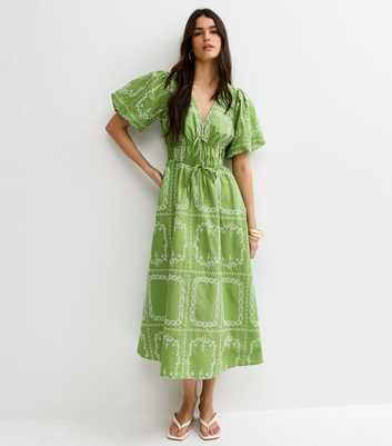 Bright Green Embroidered Puff Sleeve Midi Dress