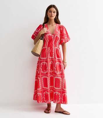Pink Embroidered Puff Sleeve Midi Dress