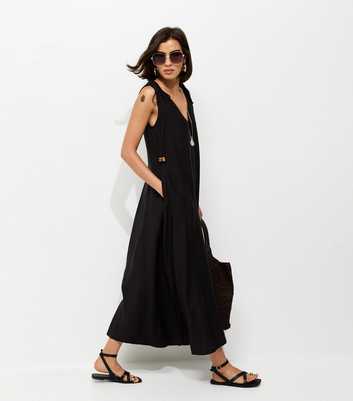 Black Beaded Tie Smock Midi Dress