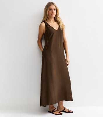 Brown Beaded Tie Smock Midi Dress