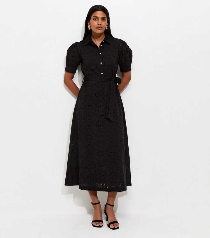 Black Broderie Shirt Midi Dress