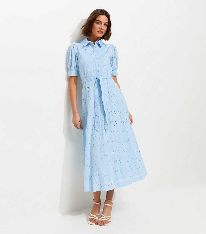 Bright Blue Broderie Shirt Midi Dress