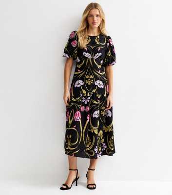 Black Floral Puff Sleeve Midi Dress