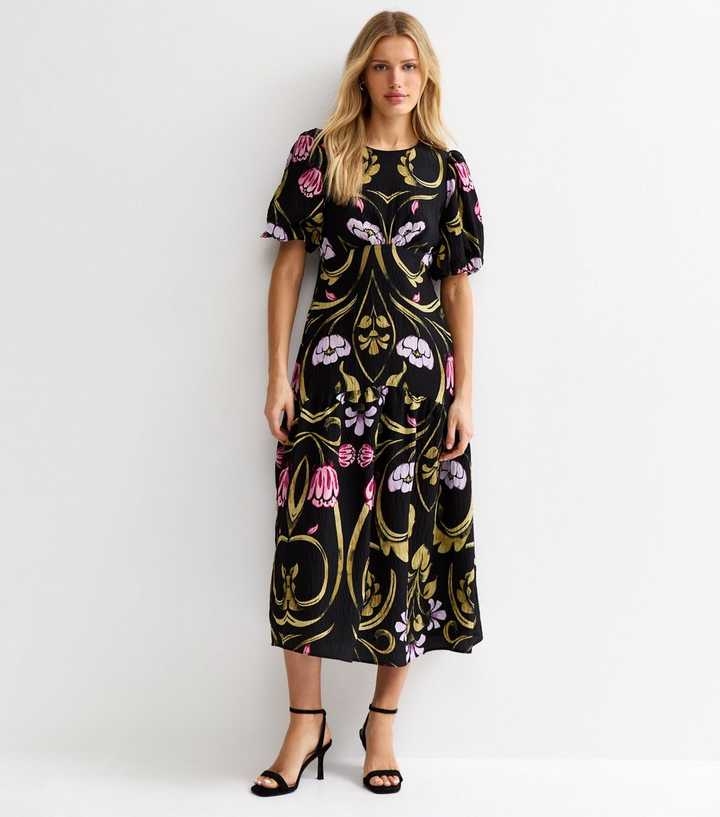 Black Floral Puff Sleeve Midi Dress