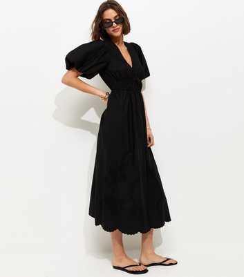 Black Cotton Puff Sleeve Midi Dress