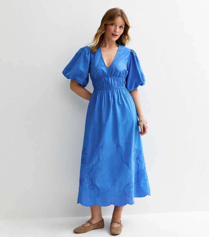 Blue Cotton Puff Sleeve Midi Dress
