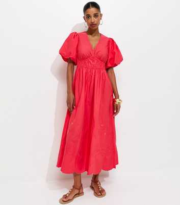 Dark Coral Cotton Puff Sleeve Midi Dress