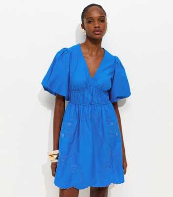 Bright Blue Embroidered Cutwork Mini Dress
