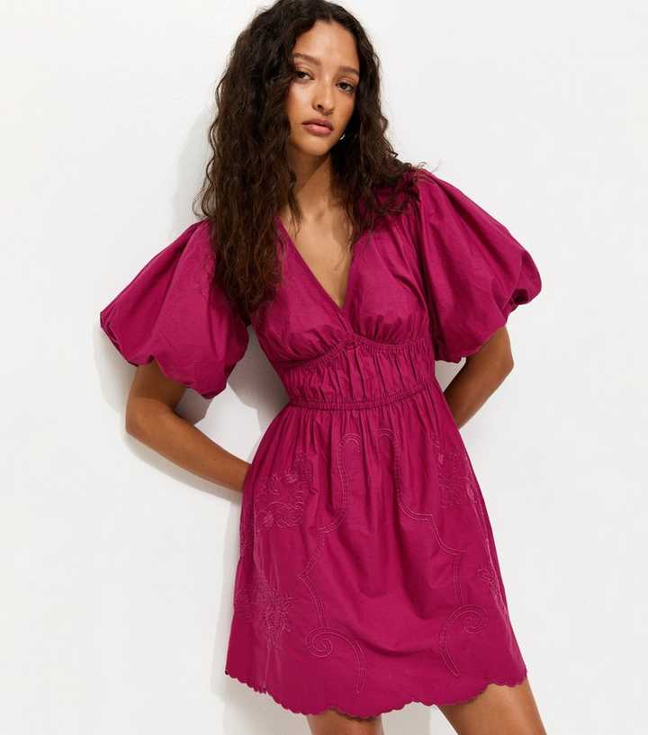 Light Burgundy Embroidered Cutwork Mini Dress