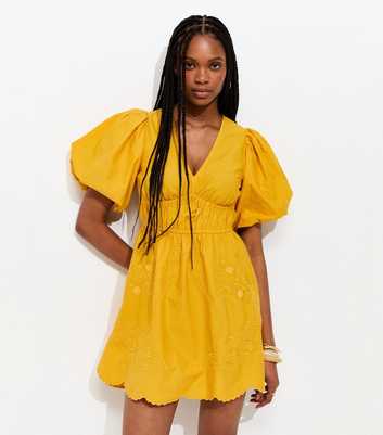 Yellow Embroidered Cutwork Mini Dress