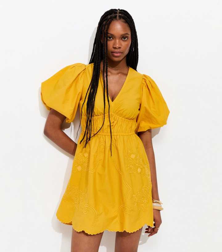 Yellow Embroidered Cutwork Mini Dress