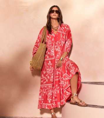 Red and Pink Floral Smock Midi Dress